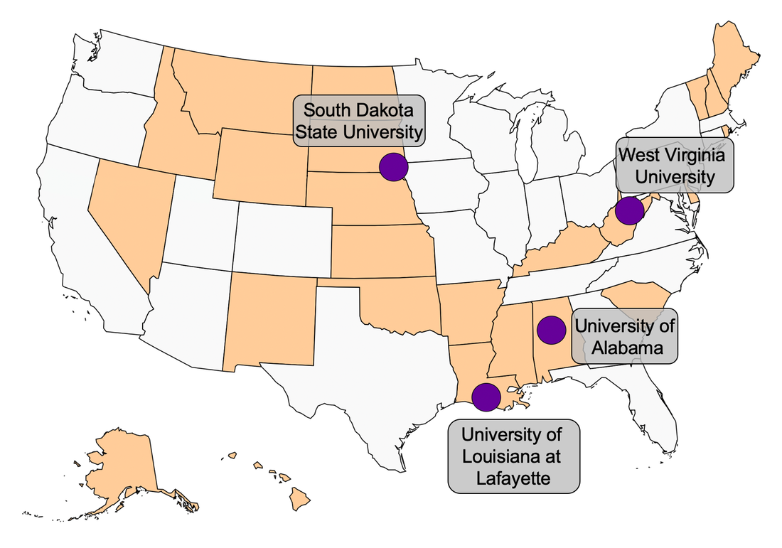 Map of US with four hub sites and EPSCoR states labelled